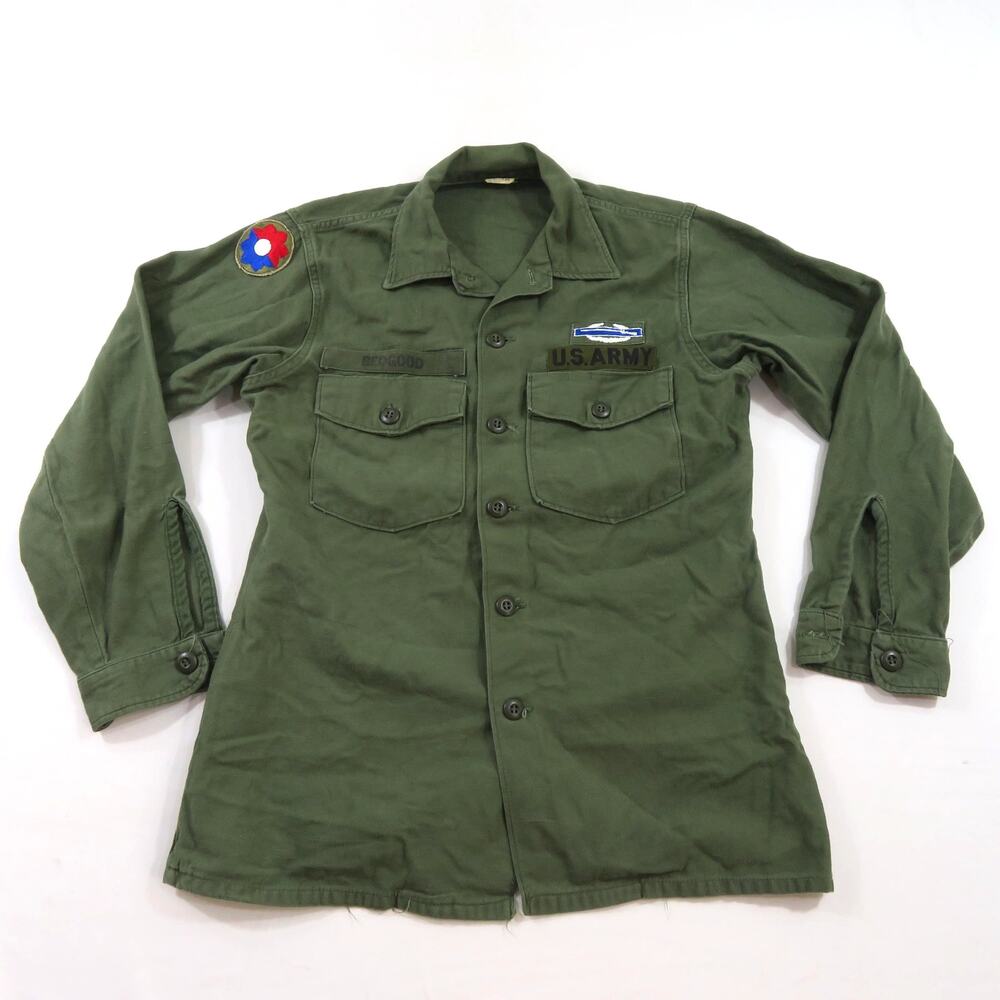 Military Cotton Sateen Uniform Shirt Vietnam Era Green Army Sz 15.5 x 33 1960s